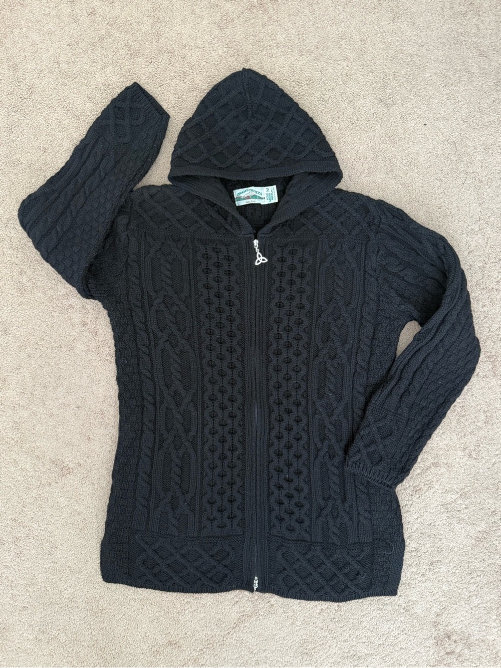 Aran Crafts Women’s Merino Wool Black Cable-Knit Zip Hoodie Cardigan